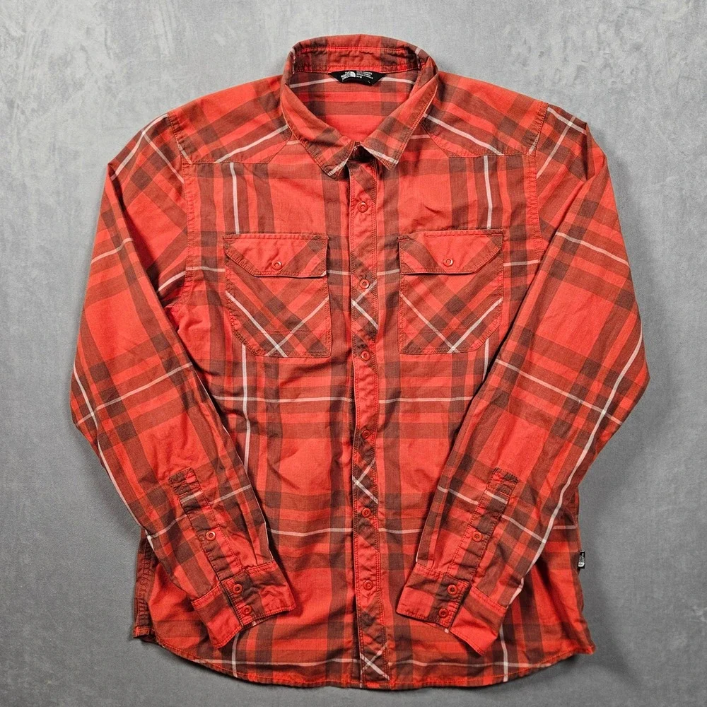 The North Face Button Up Shirt Mens Medium‎ Orange Plaid Pockets Lightweight